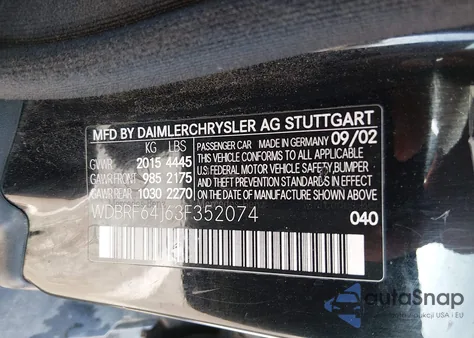 2003 Mercedes-Benz C 320 Sport z USA, uszkodzony, nr VIN WDBRF64J63F352074